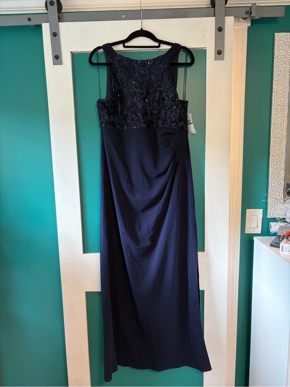 Navy Floral Lace A-Line Evening Dress - Picture 2 of 3